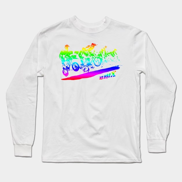 bmx neon racing silhouette Long Sleeve T-Shirt by rickylabellevie